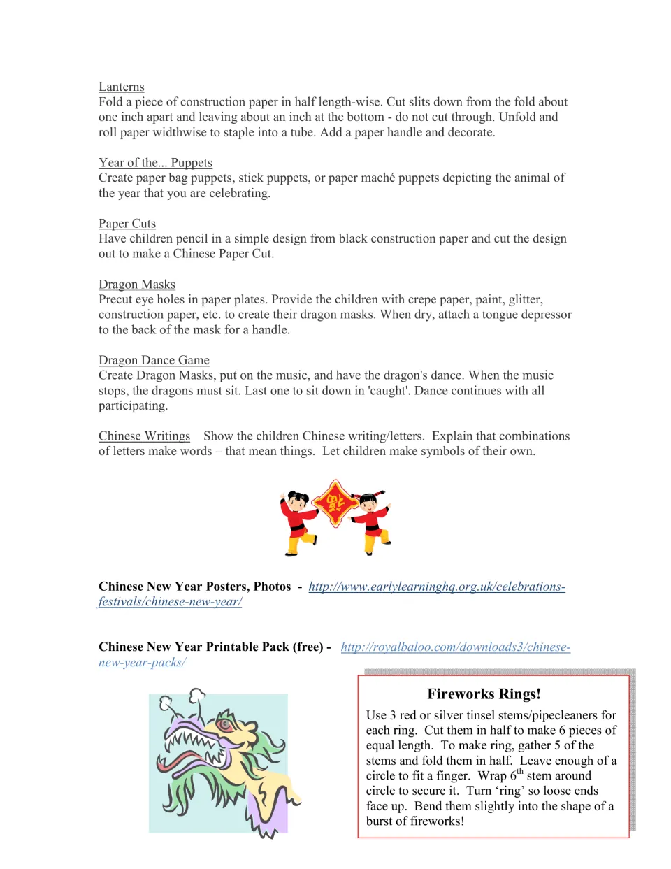 More curriculum activities include lanterns, animal puppets, paper cuts, dragon masks, and fireworks rings