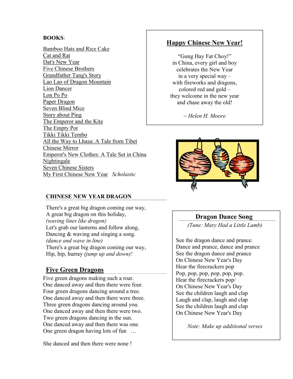 Book list and verse selections include 'Happy Chinese New Year!', 'Five Green Dragons', and a dance song