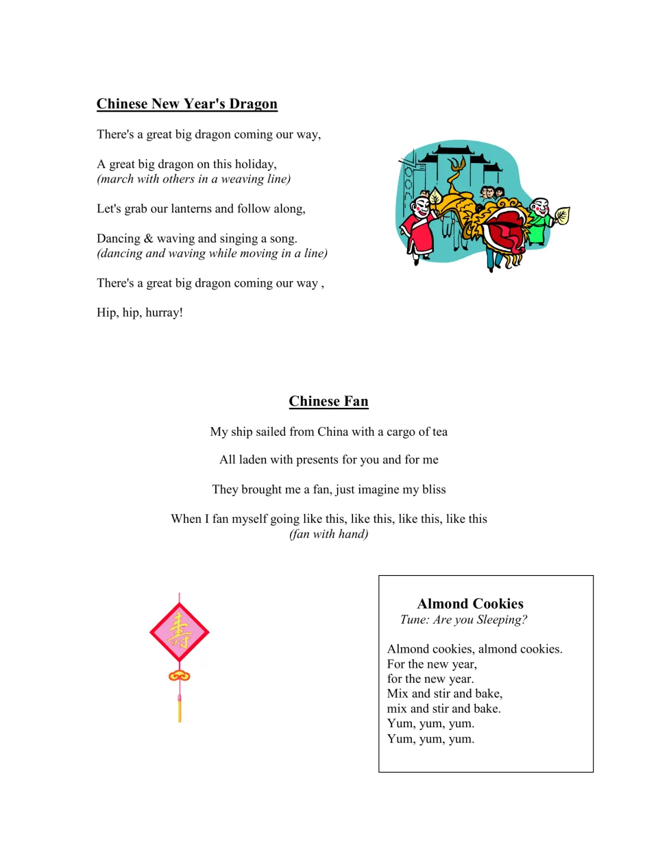 Song and movement selections feature 'Chinese New Year's Dragon', 'Chinese Fan', and 'Almond Cookies'