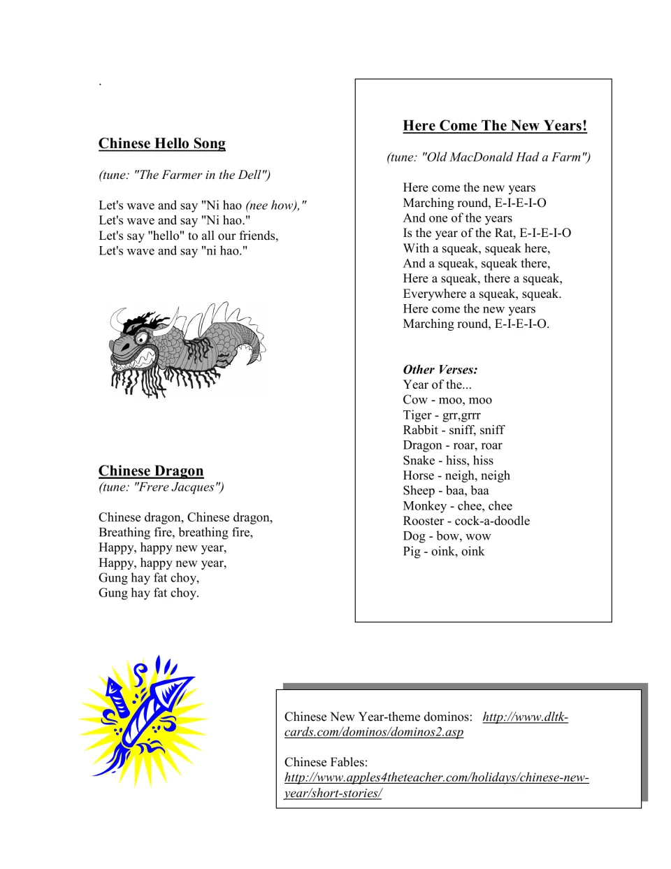 Songs include 'Chinese Hello Song' with ni hao (hello), 'Chinese Dragon', and zodiac animal verses