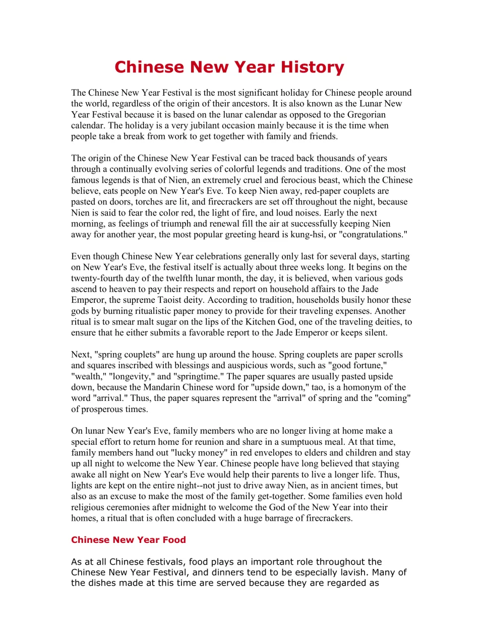 Background reading covers Chinese New Year history, the Nien legend, family reunions, and holiday food