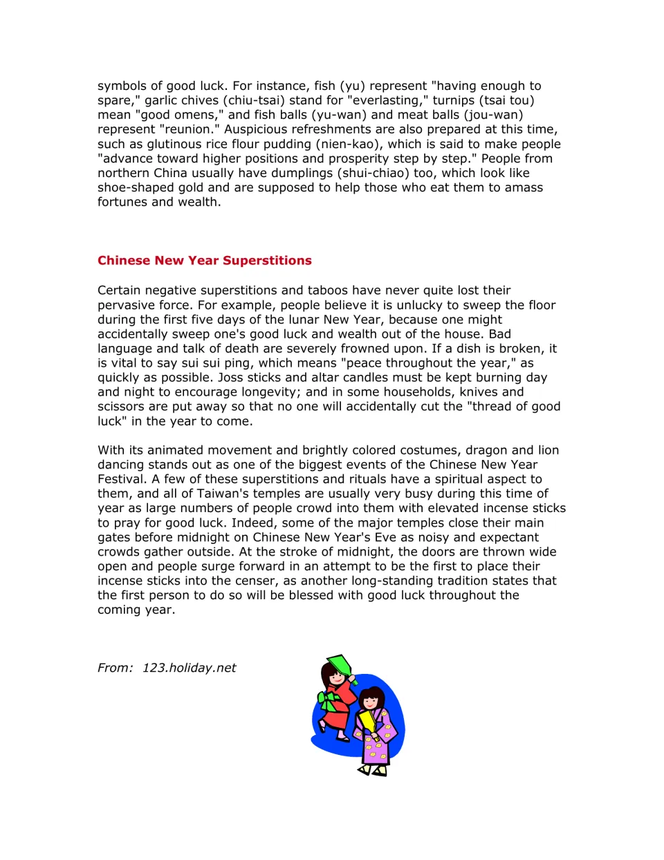 Background reading continues with symbolic foods, New Year superstitions, dragon and lion dances
