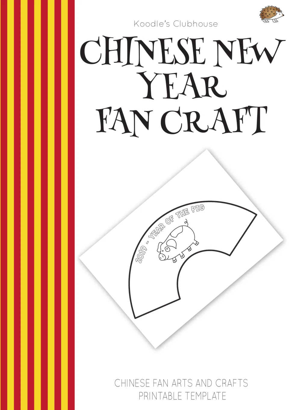Chinese New Year fan craft cover from Koodle's Clubhouse showing a 2019 Year of the Pig fan template to color