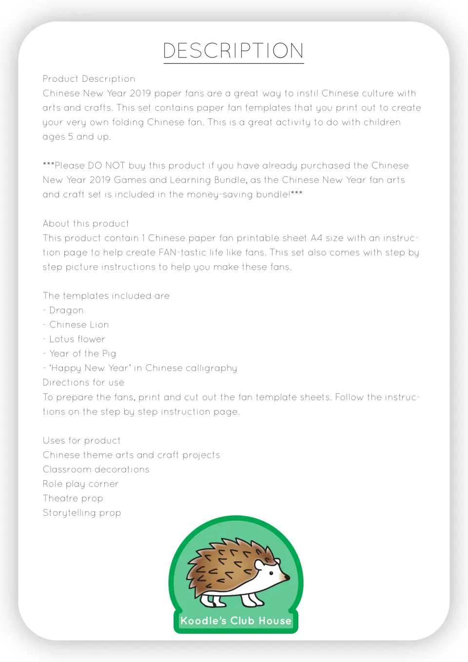 Product description listing dragon, lion, lotus, Year of the Pig and calligraphy fan templates plus suggested uses