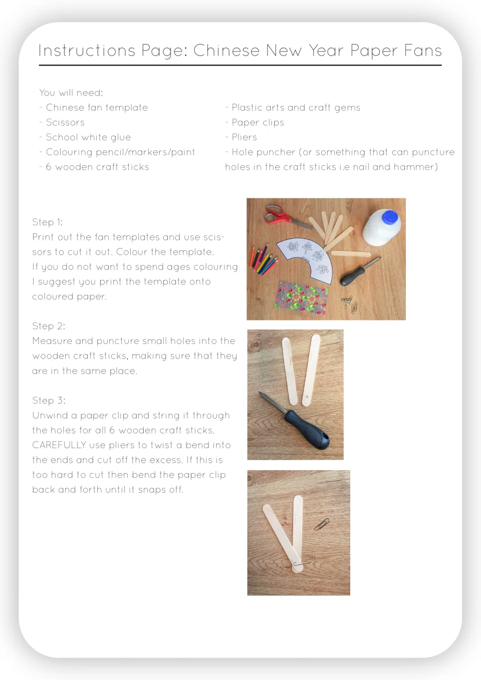 Paper fan instructions, steps 1-3: supply list, then cut and color the template and punch and wire 6 craft sticks
