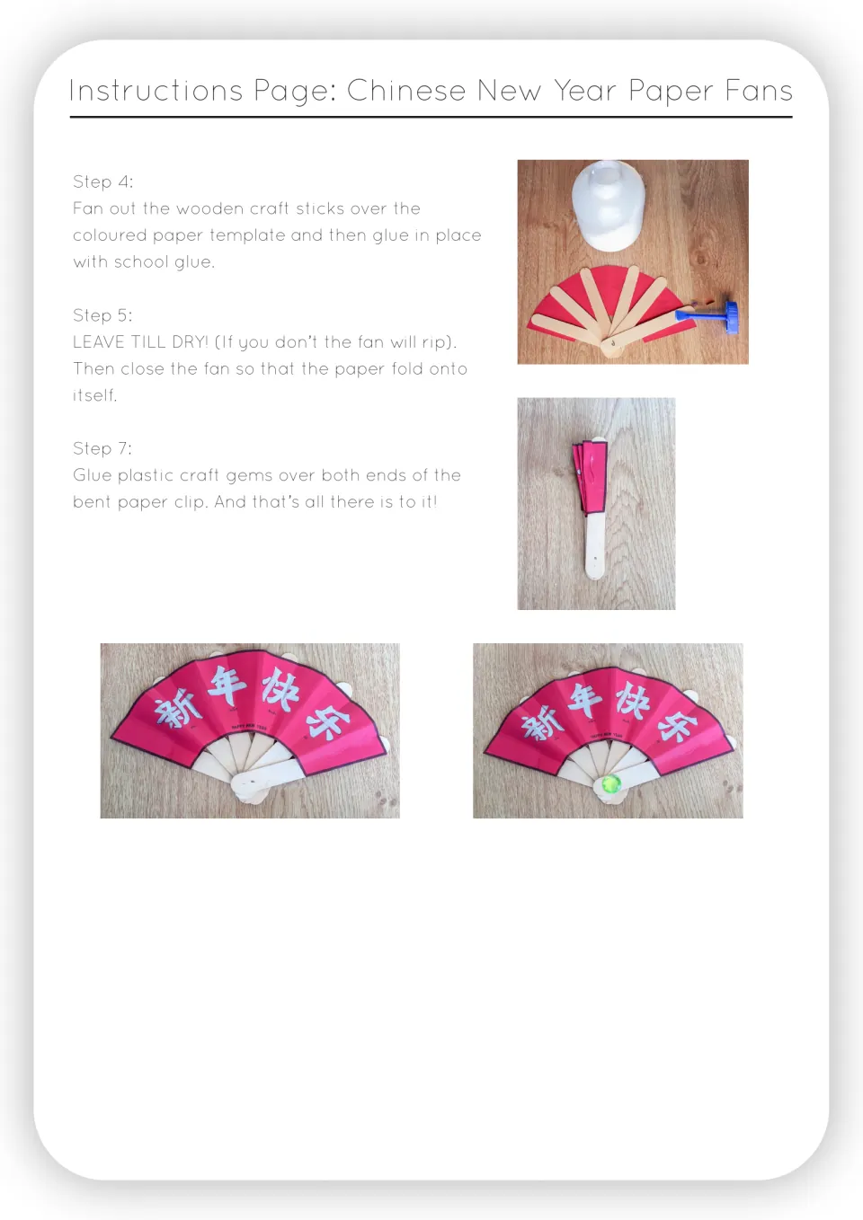 Paper fan steps 4, 5, 7: glue sticks to the template, let dry, fold closed and add gems; photos of finished fans