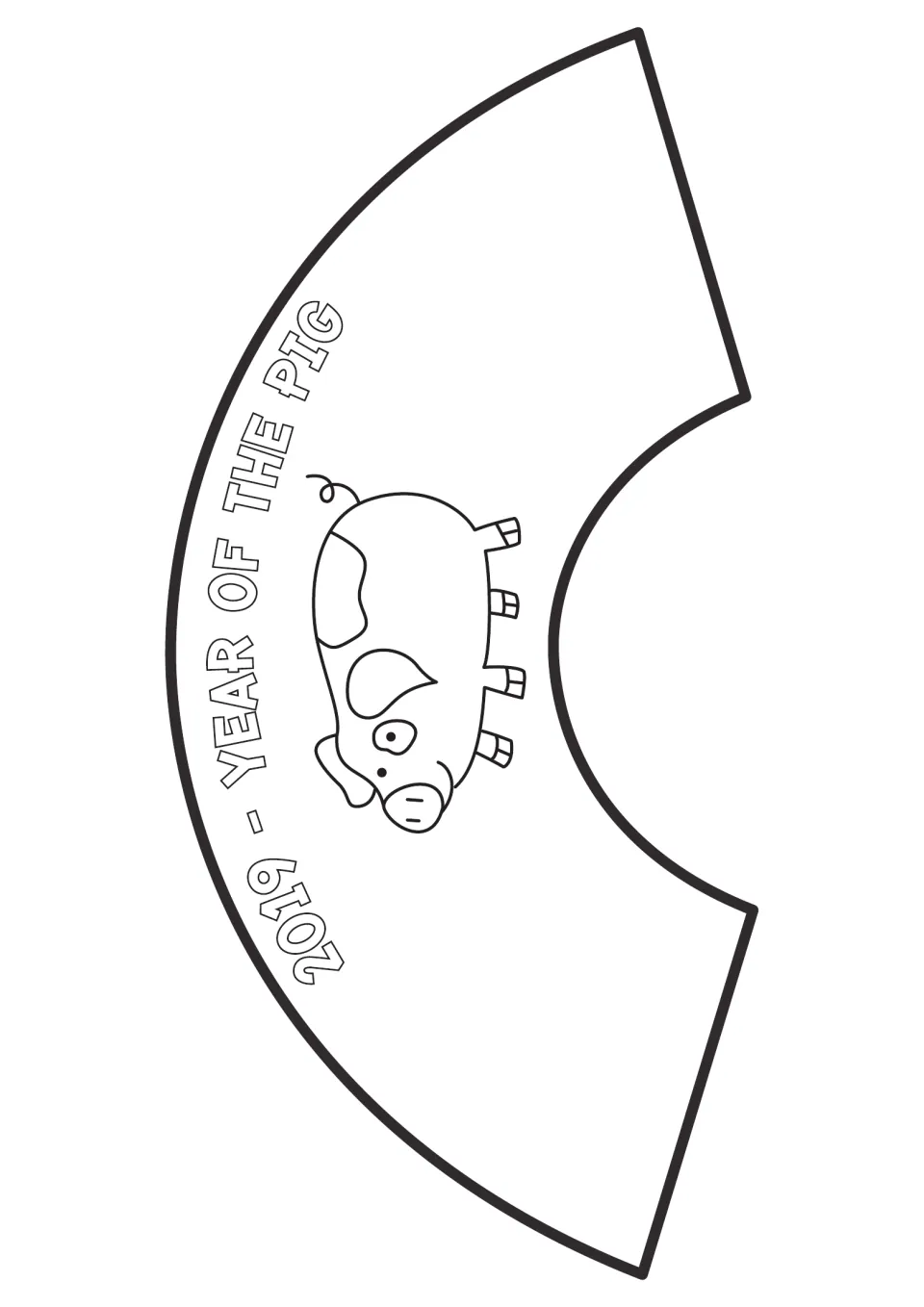 Year of the Pig fan template: students color the pig and '2019 - Year of the Pig' text, cut it out and glue to sticks