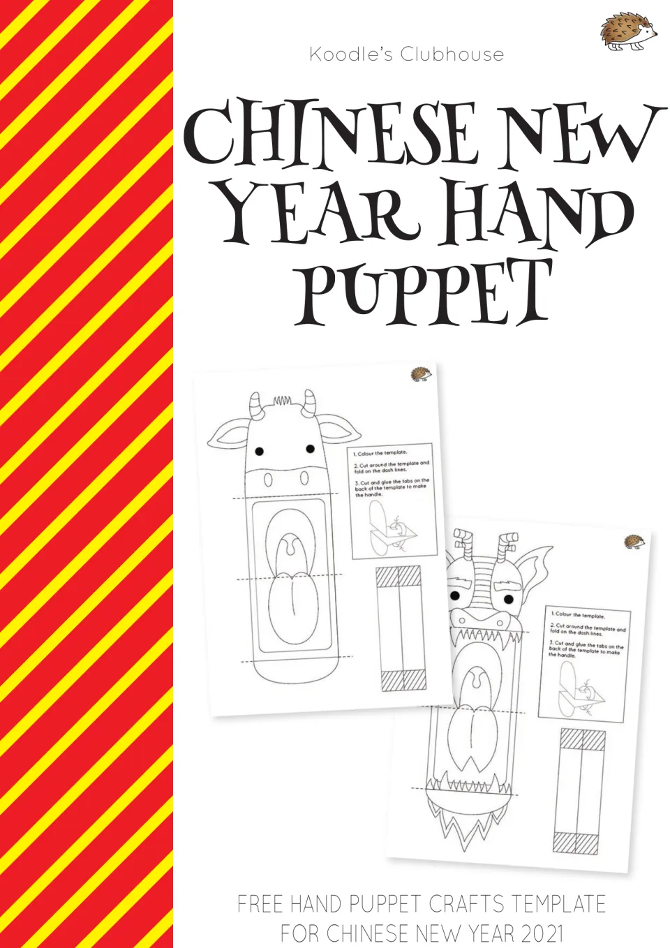 Chinese New Year Hand Puppet cover: free craft templates for 2021 showing a cow puppet and a dragon puppet to color