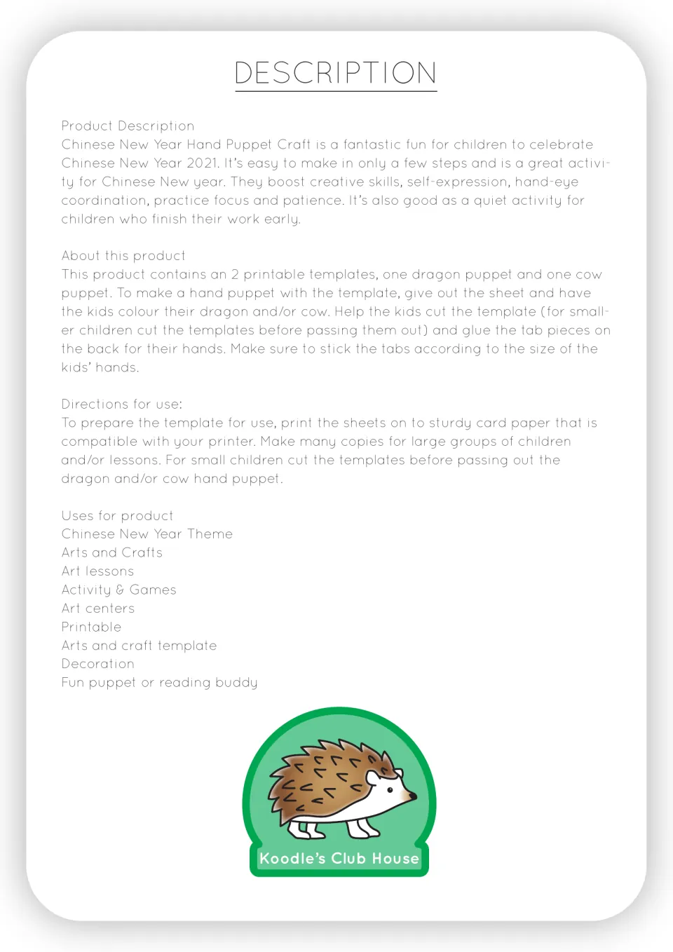 Product description: two printable puppet templates, a dragon and a cow, with prep directions and suggested uses