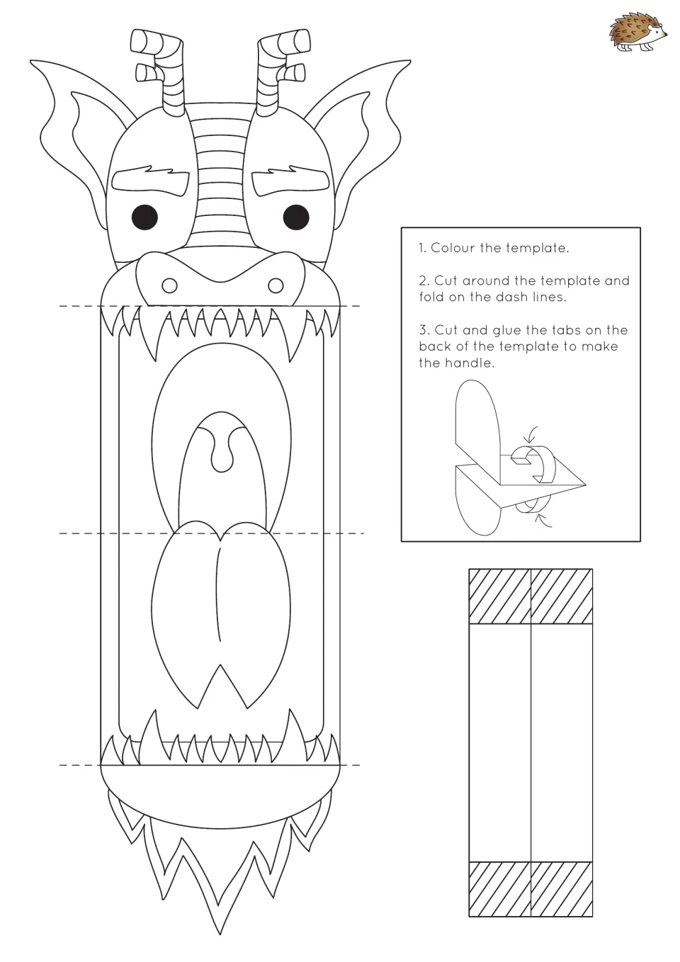 Dragon puppet template: students color the open-mouthed dragon, cut it out, fold on dash lines and glue tabs as a handle