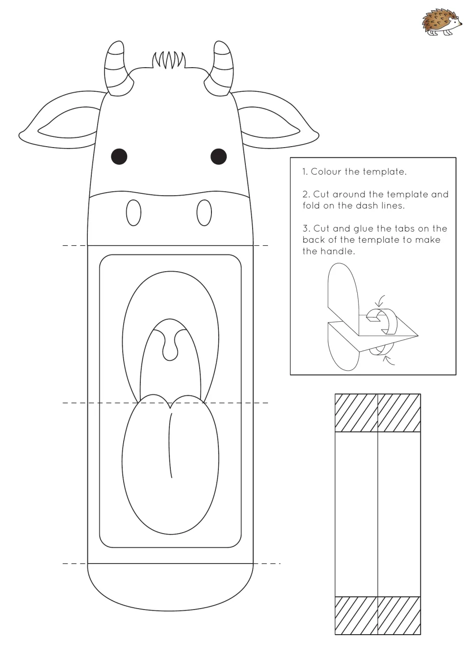 Cow puppet template: children color the horned cow, cut around it, fold on dashed lines and glue the tab strip behind