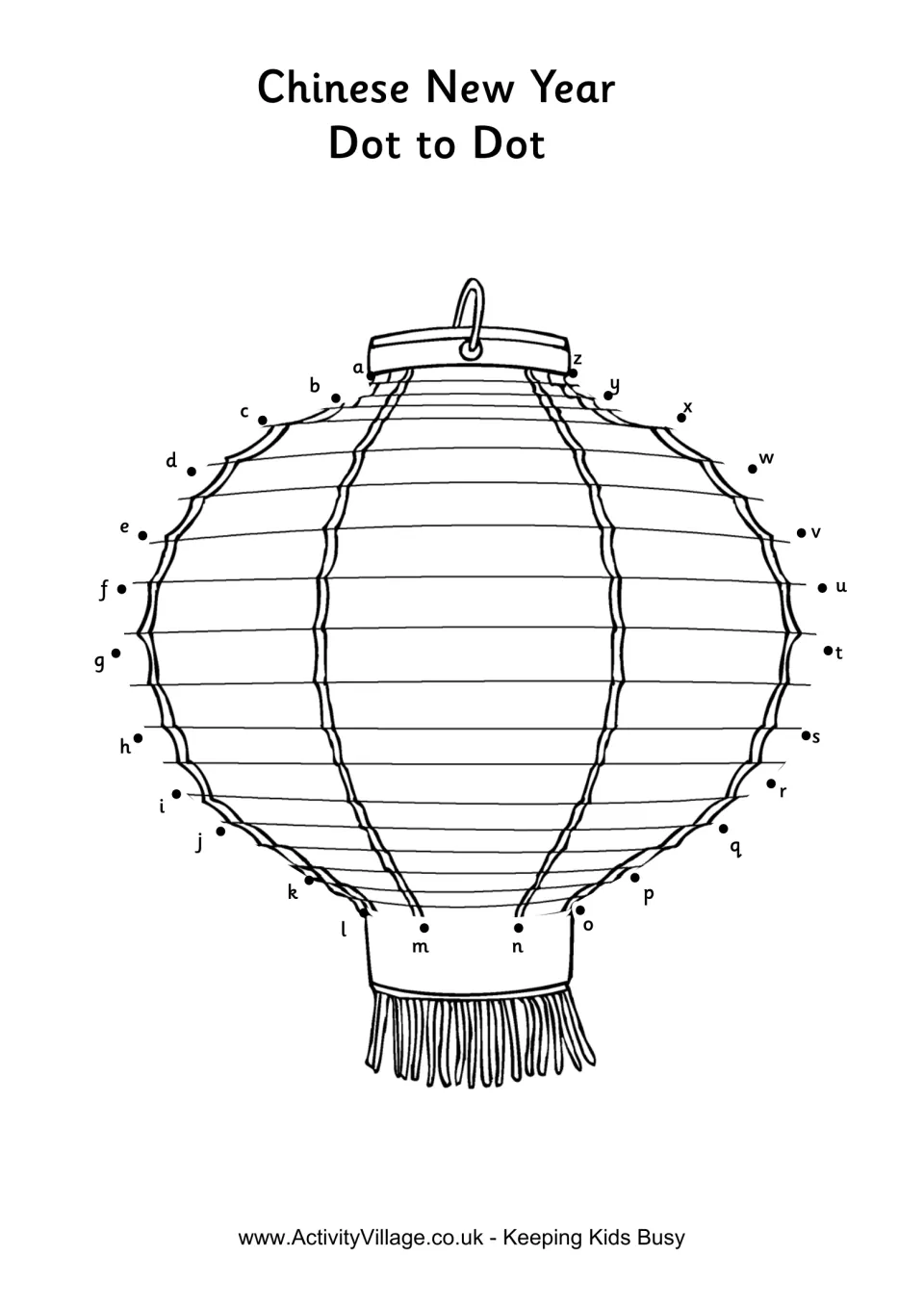 Chinese New Year dot to dot: students join dots in alphabetical order a to z to complete a paper lantern with tassels