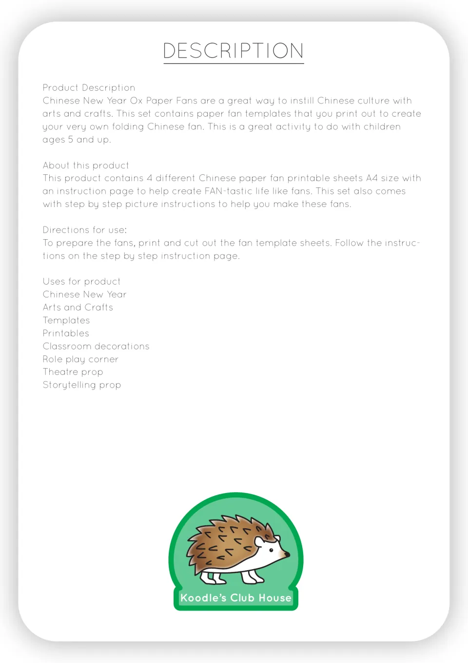 Product overview for the fan craft kit lists four A4 templates, picture instructions, and suggested uses