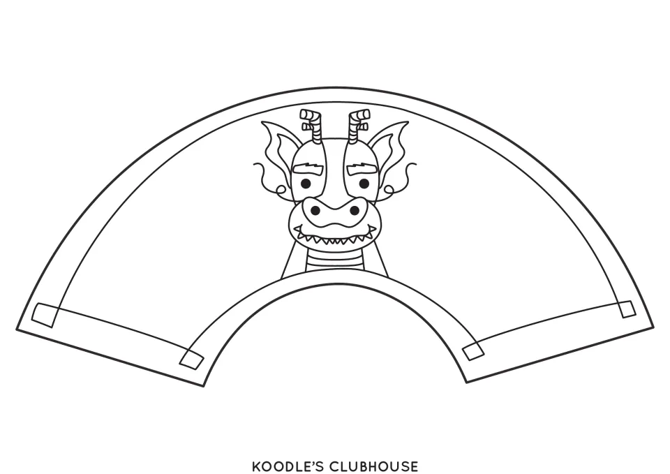 Second paper fan template features a dragon head to color and cut out for the Chinese New Year craft
