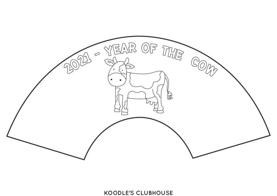 Third paper fan template shows a cow beneath the words '2021 - YEAR OF THE COW' for coloring and cutting