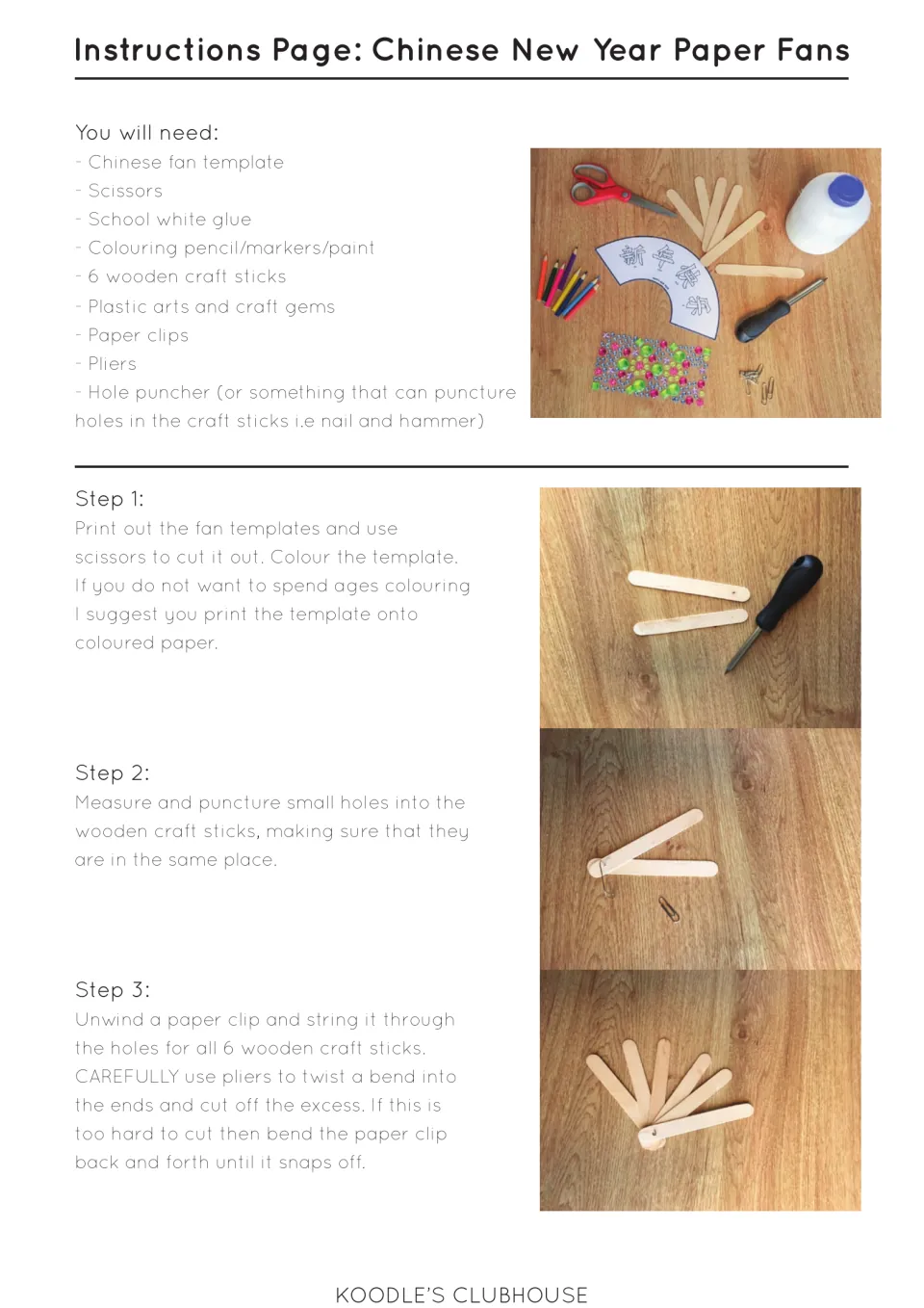 Fan assembly instructions list supplies and steps 1–3: color and cut, pierce sticks, and join with wire