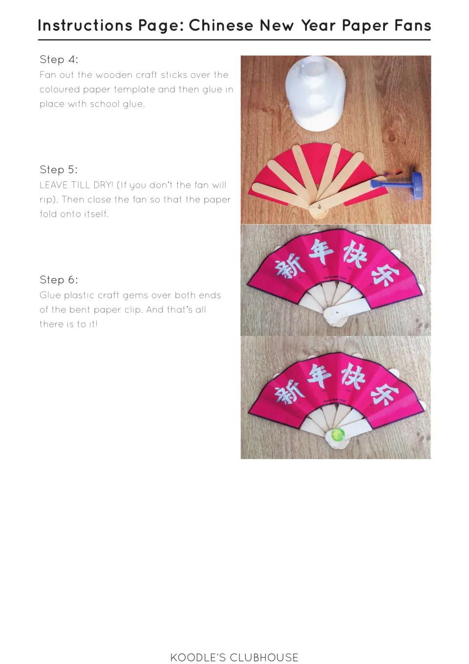 Fan assembly steps 4–6 show gluing craft sticks to paper, letting it dry, folding, and adding craft gems