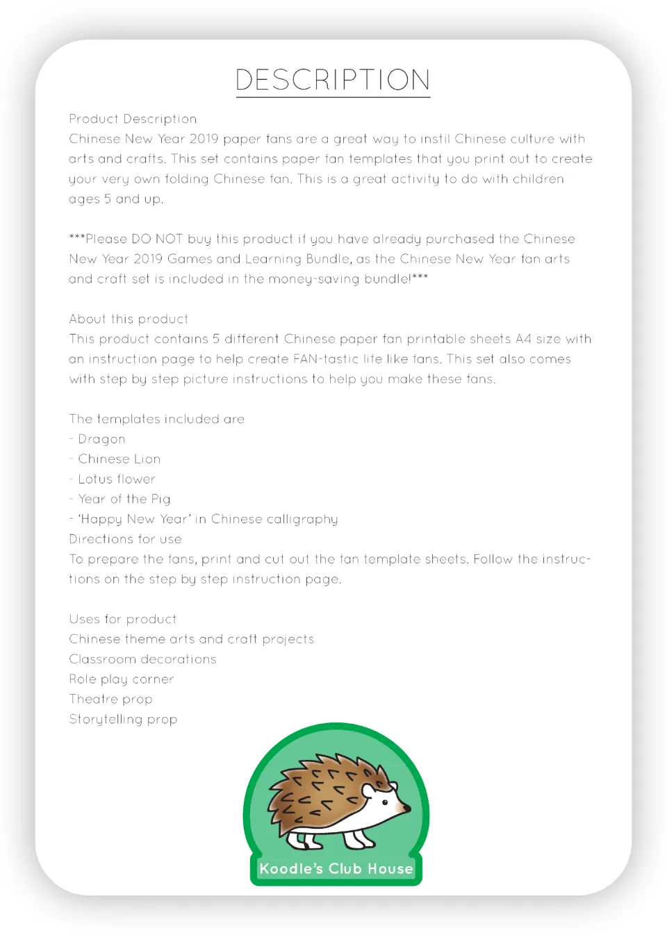 Description listing five fan templates: dragon, Chinese lion, lotus flower, Year of the Pig and Happy New Year calligraphy