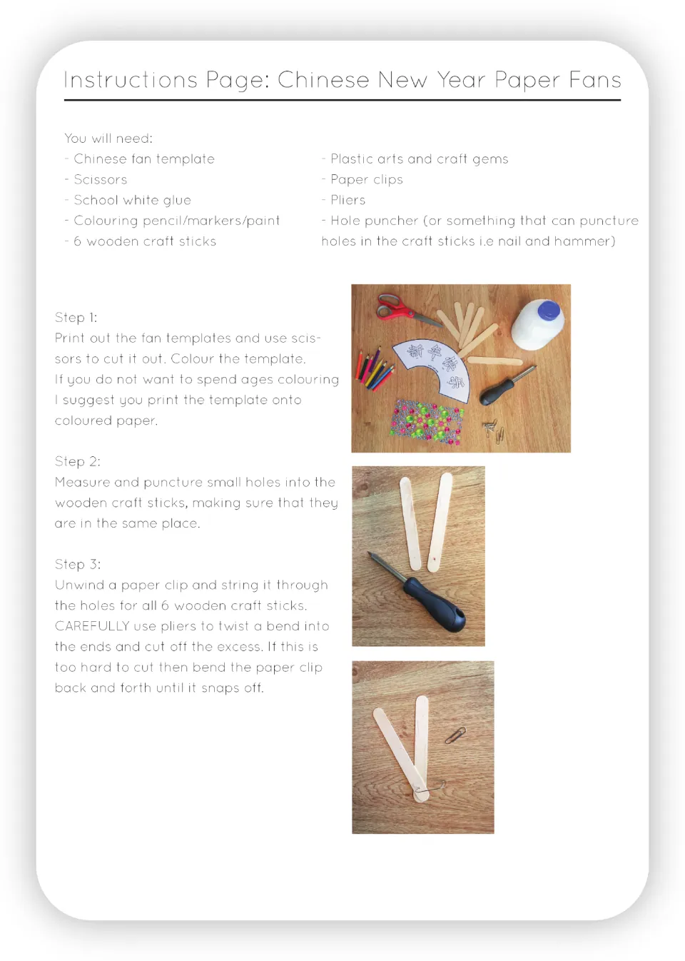 Fan-making steps 1 to 3: supply list, cut and colour the template, punch holes in craft sticks, join them with a paper clip