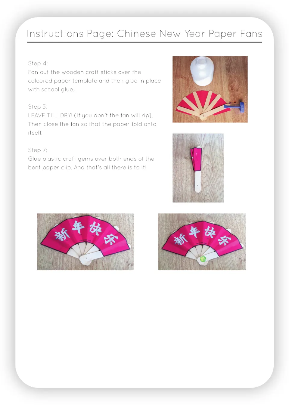 Fan-making final steps: glue craft sticks to the coloured template, let dry, fold, add gems; photos of a pink fan