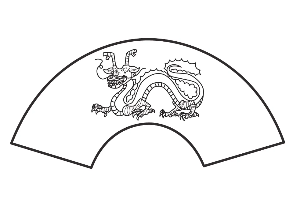Dragon fan template: students colour a Chinese dragon on the fan shape, then cut it out and attach it to craft sticks