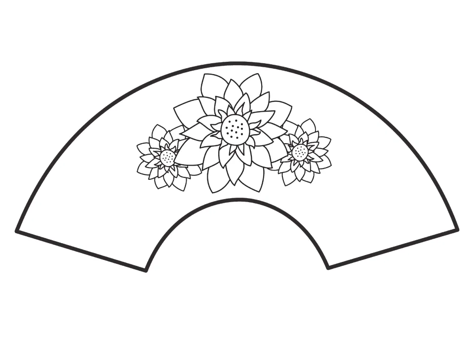 Lotus flower fan template: students colour a cluster of three lotus blossoms, then cut out the fan and glue it to sticks