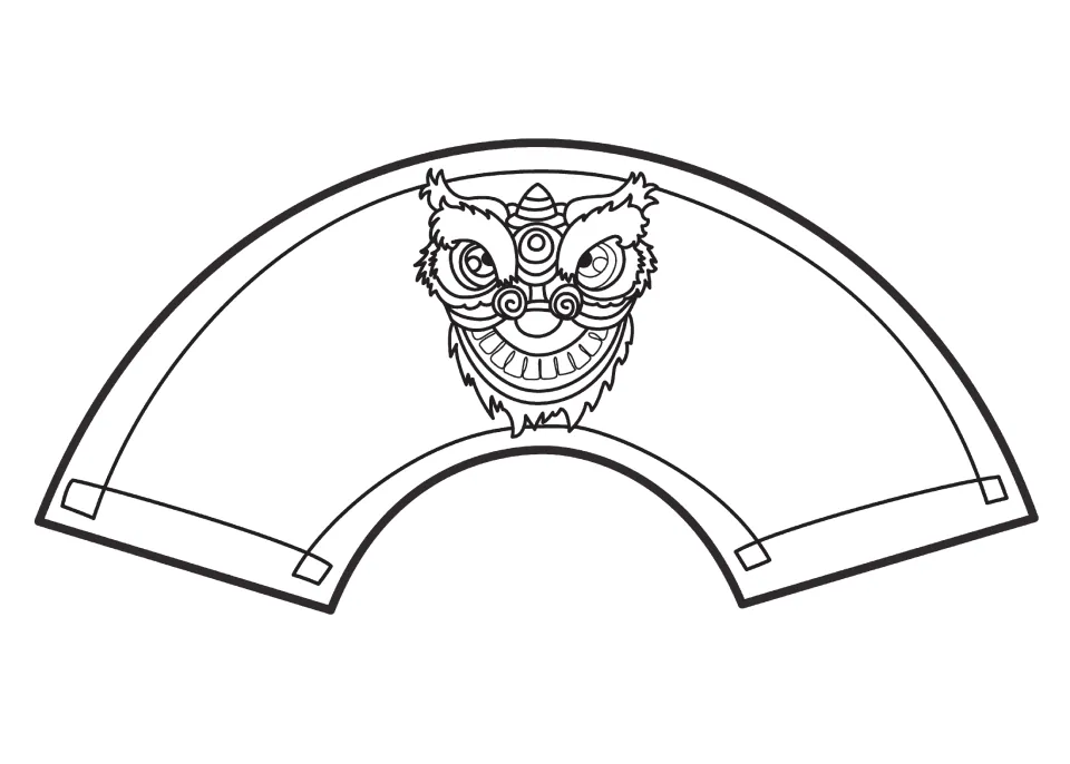 Chinese lion fan template: students colour a lion dance head with swirled eyes and wide grin, then cut out and assemble