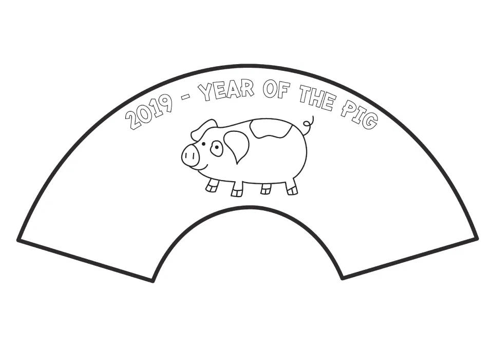 Year of the Pig fan template: students colour a spotted pig beneath the 2019 heading, then cut out and build the fan