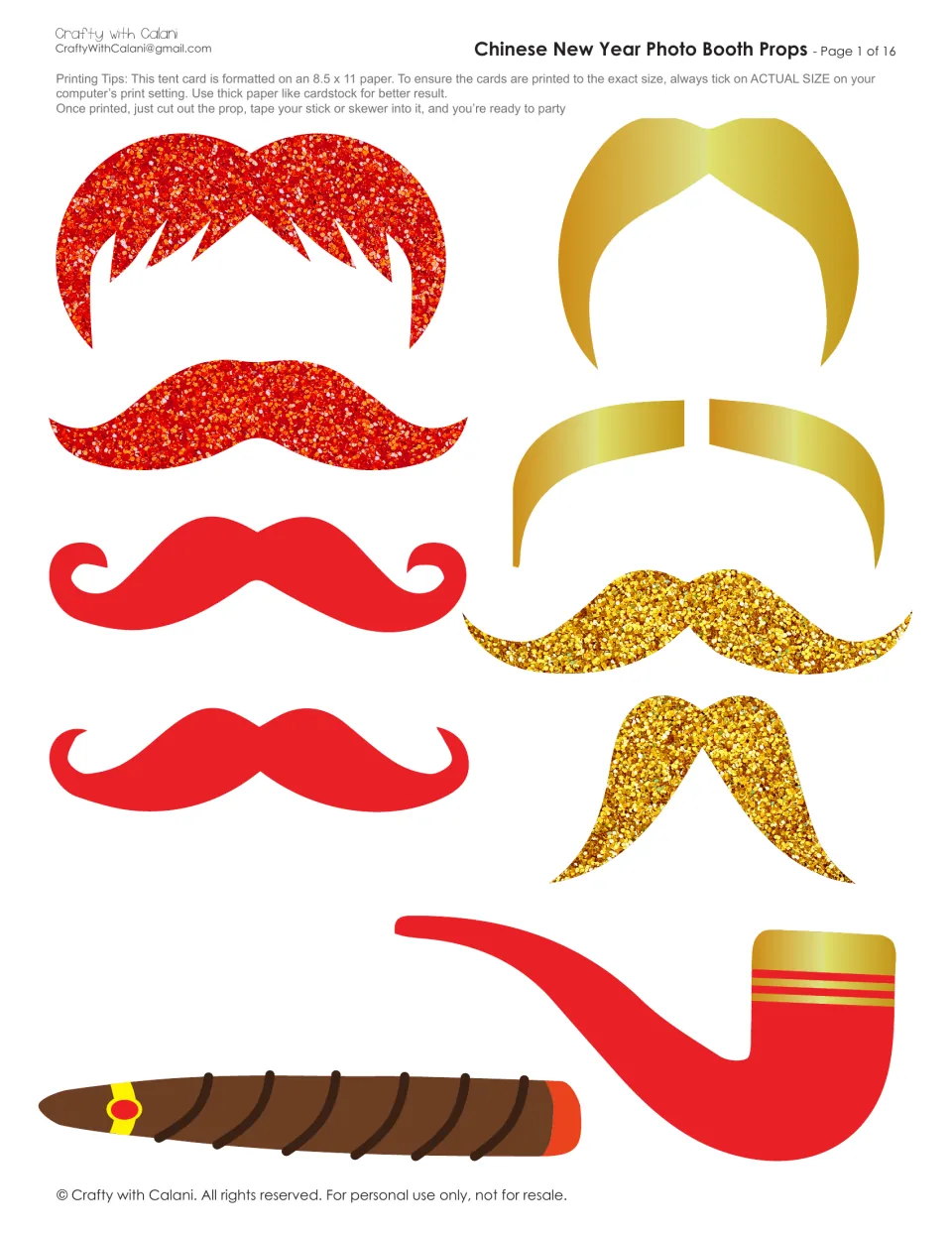 Photo booth prop cutouts: red and gold mustaches, a cigar, and a pipe, plus printing and assembly tips