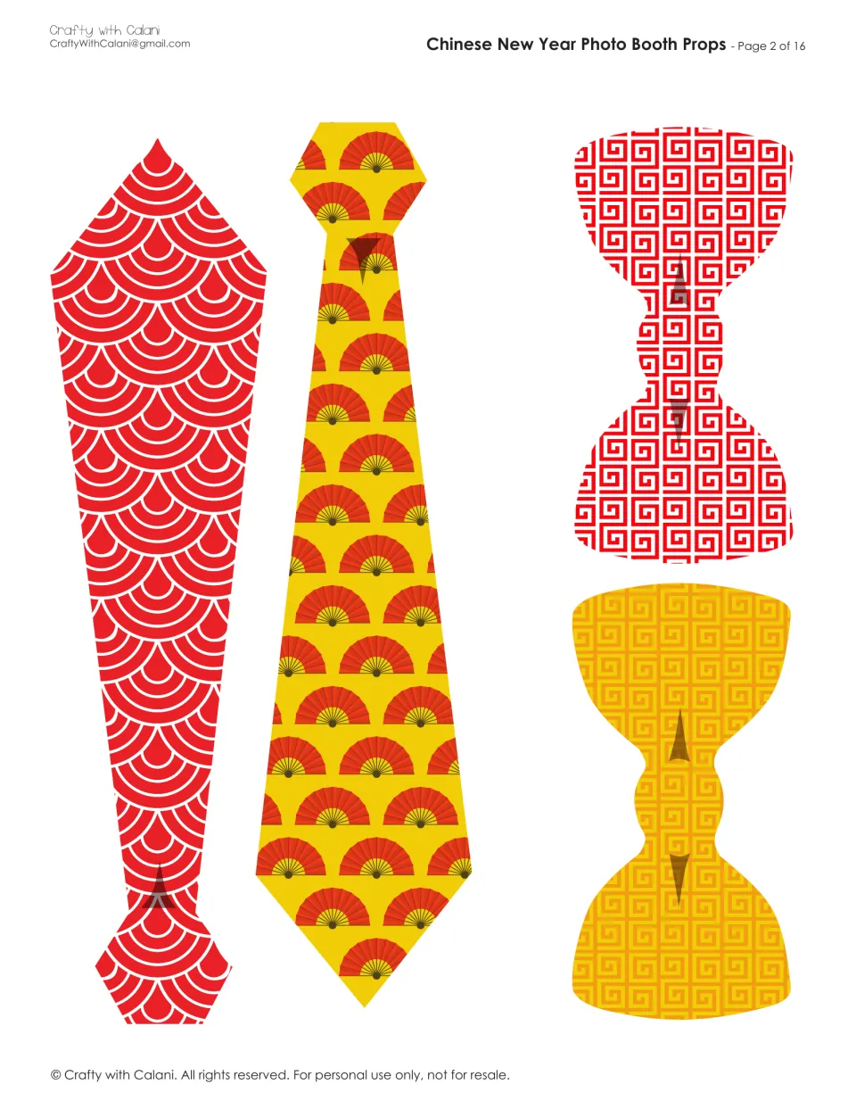 Photo booth prop cutouts: two neckties and two bow ties in red and yellow, with fan and geometric patterns