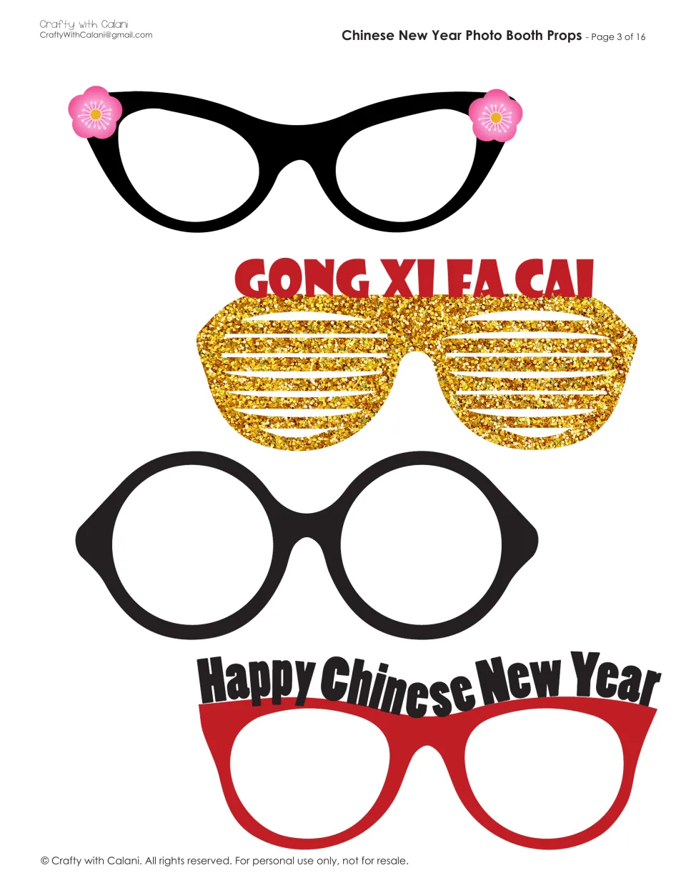 Photo booth glasses: four pairs, including gold 'GONG XI FA CAI' glasses and red 'Happy Chinese New Year' glasses