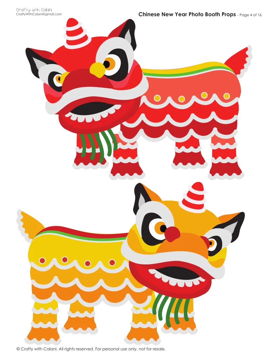 Photo booth prop cutouts: two lion dance figures, one red and one yellow, for the classroom celebration