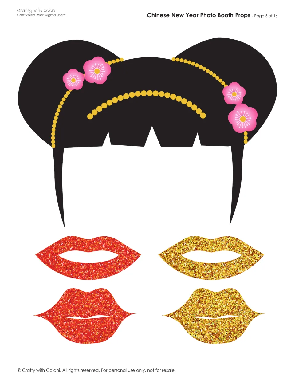 Photo booth prop cutouts: a black hairstyle with two buns and flowers, plus four red and gold lip shapes