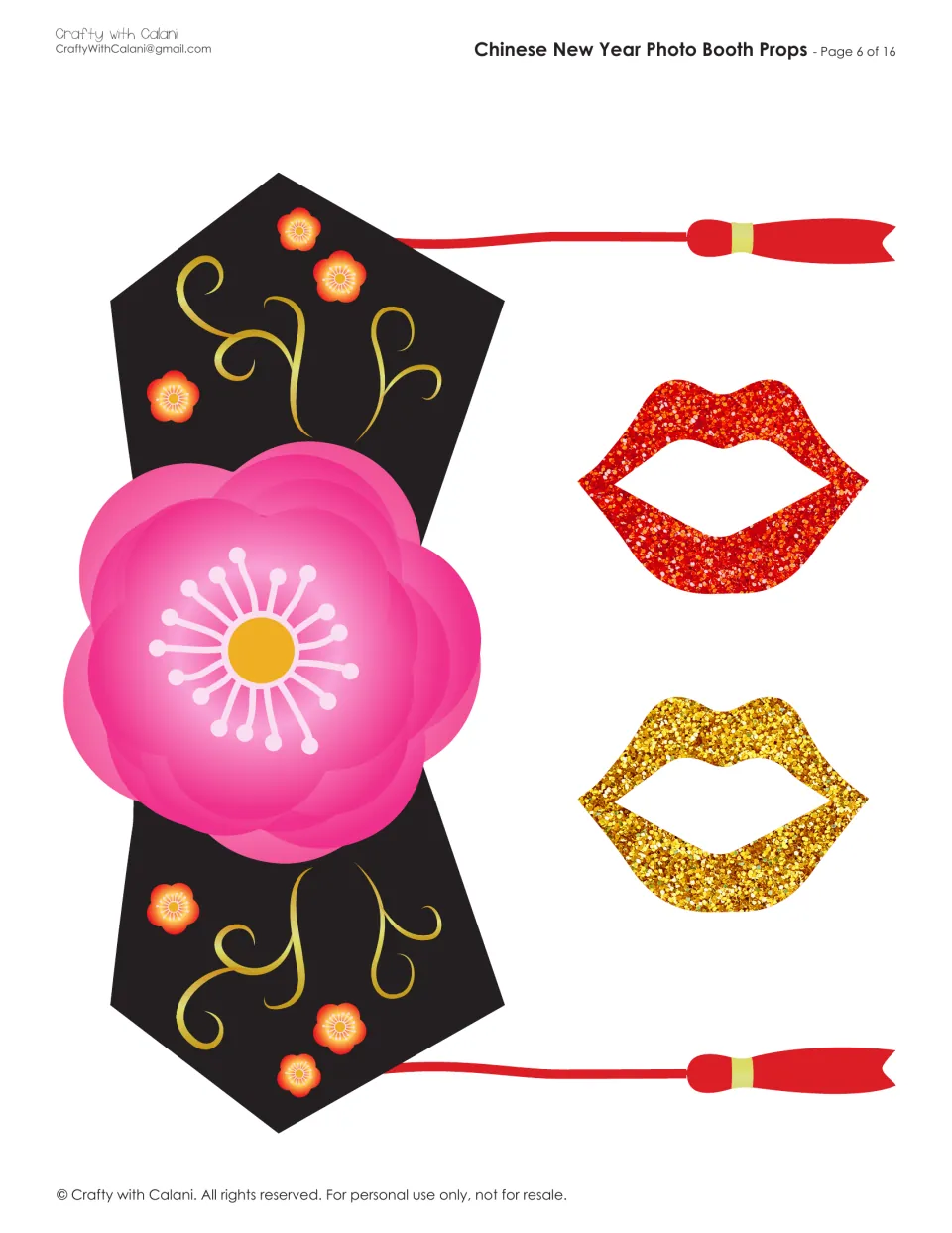 Photo booth prop cutouts: a black floral headdress with red tassels, plus one red and one gold lip shape