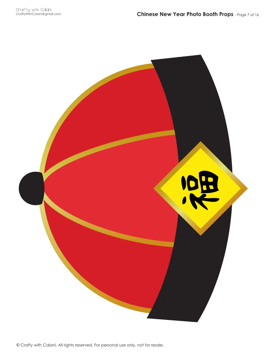 Photo booth hat cutout: a red cap with gold trim, a black band, and the Chinese character 福 (good fortune)