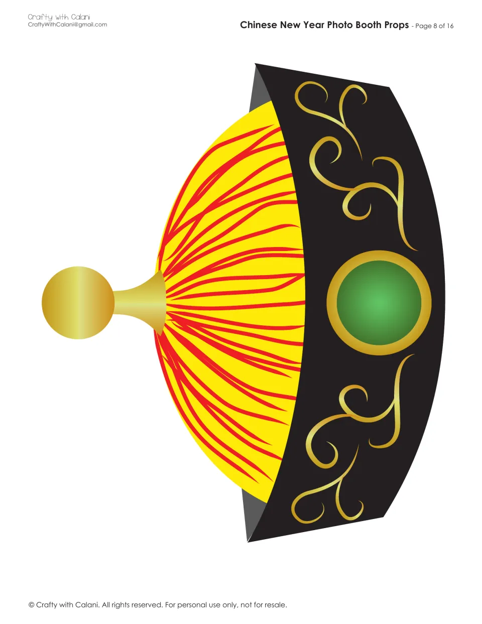Photo booth hat cutout: a yellow cap with red stripes, a gold finial, and a black band with a green jewel