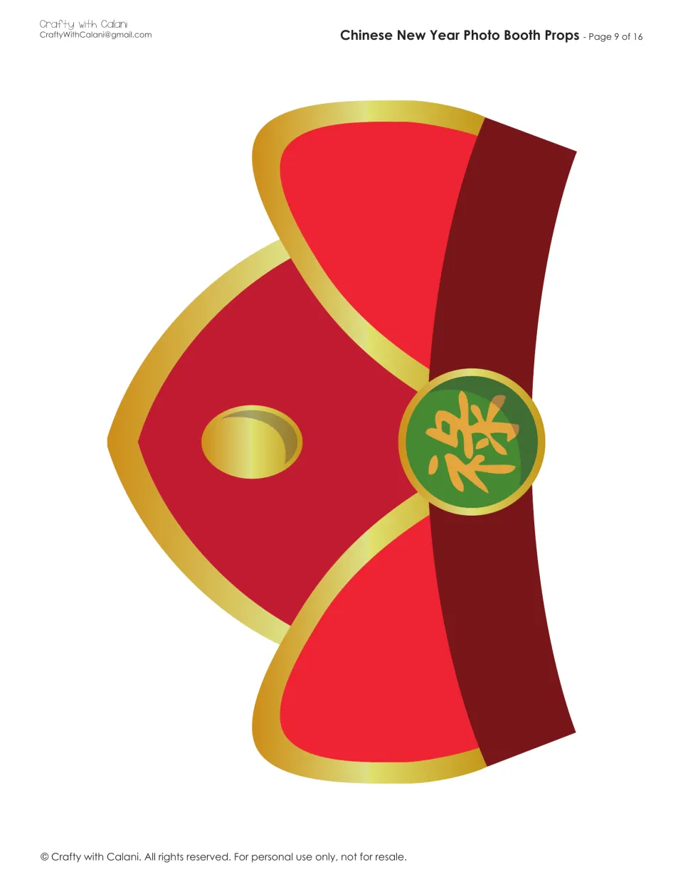 Photo booth hat cutout: a red and gold hat with a green medallion, ready for the side flaps on the next sheet