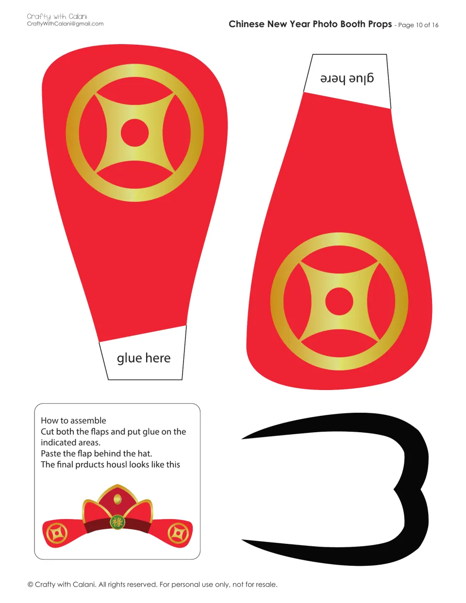 Photo booth hat assembly sheet: two red side flaps marked 'glue here,' a black beard, and assembly directions
