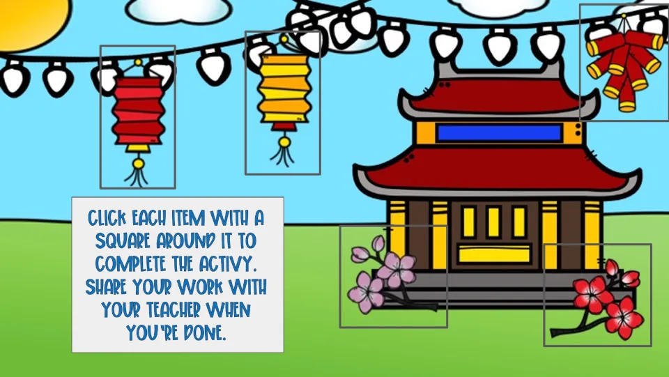 Activity menu directs students to click each marked item and share their completed work with their teacher