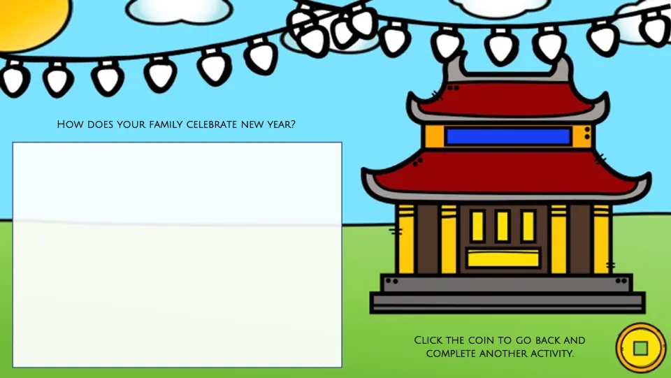 Family celebration reflection asks how students' families celebrate New Year, with a coin to return to the menu