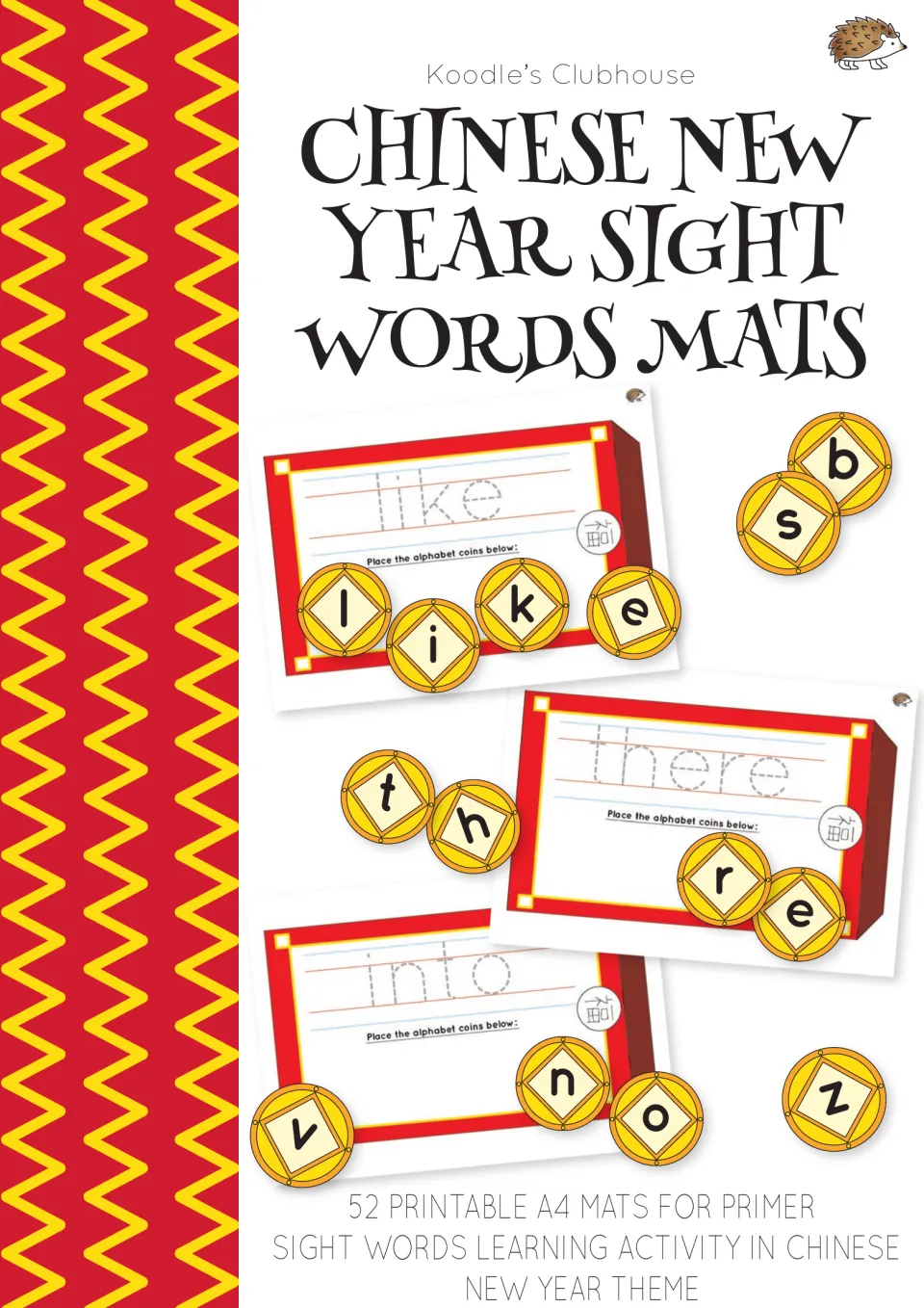 Cover of Chinese New Year Sight Words Mats, showing sample mats for 'like', 'there' and 'into' with letter coins