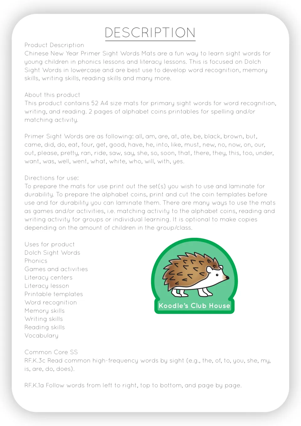Resource description listing 52 sight word mats, two alphabet-coin pages, primer words and preparation directions