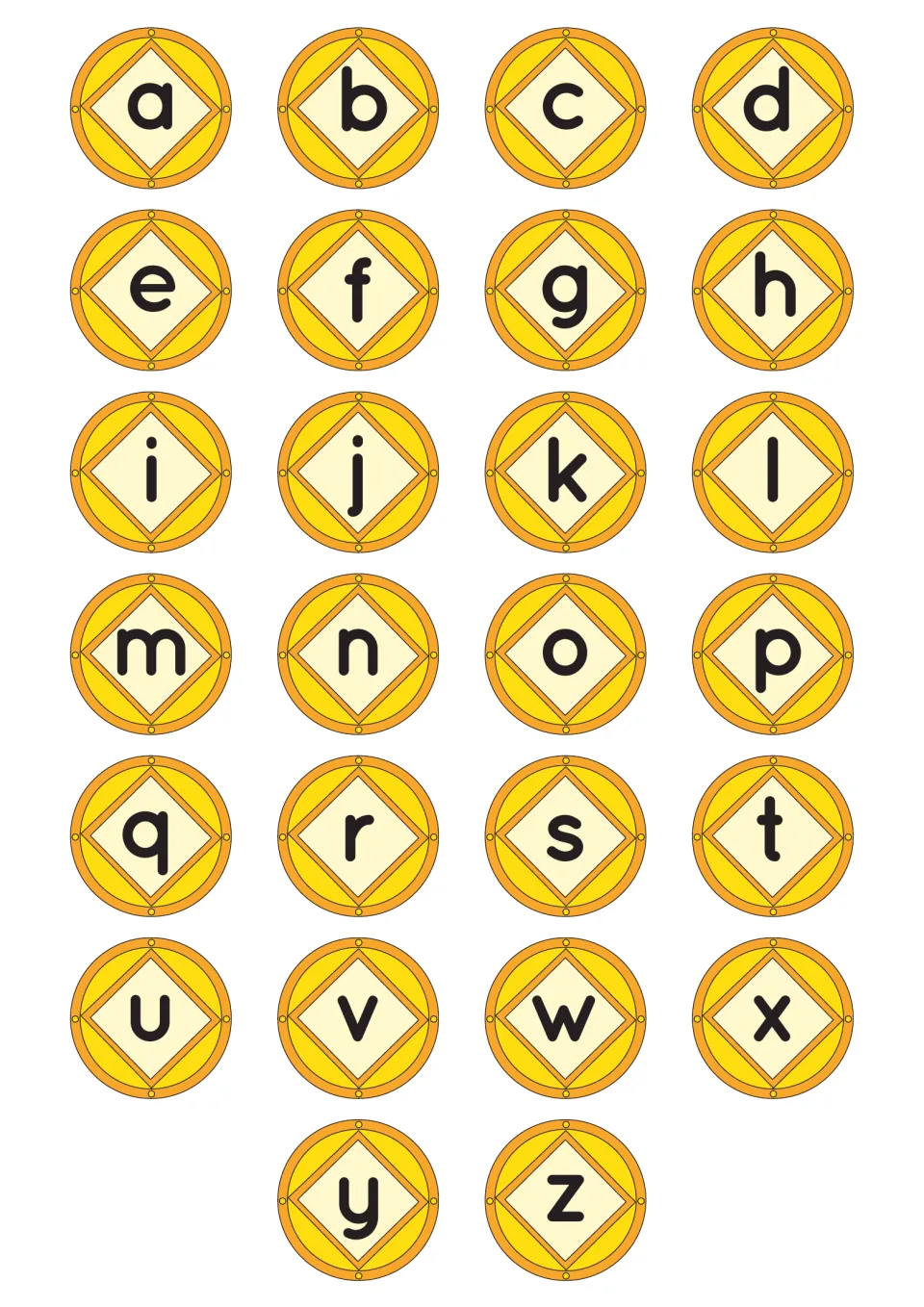 Alphabet-coin cutouts showing all 26 lowercase letters from a to z for spelling and matching on sight word mats