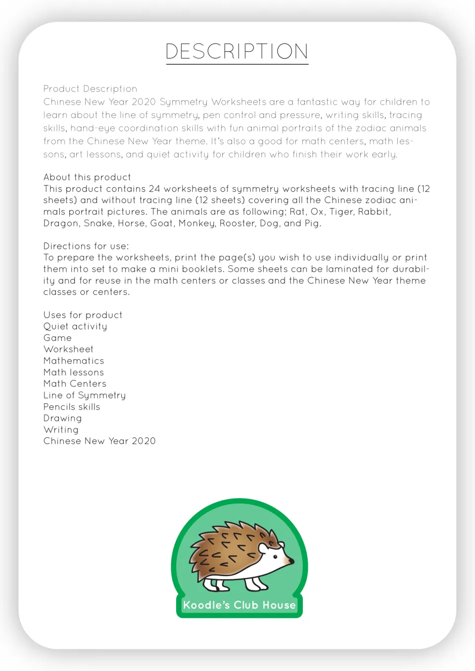 Product overview lists 24 zodiac symmetry worksheets: 12 with tracing and 12 without, plus printing directions