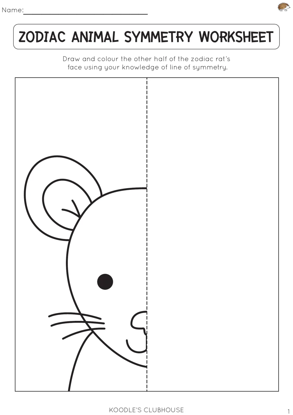 Zodiac animal symmetry worksheet 1: draw and color the missing half of a rat's face using symmetry.