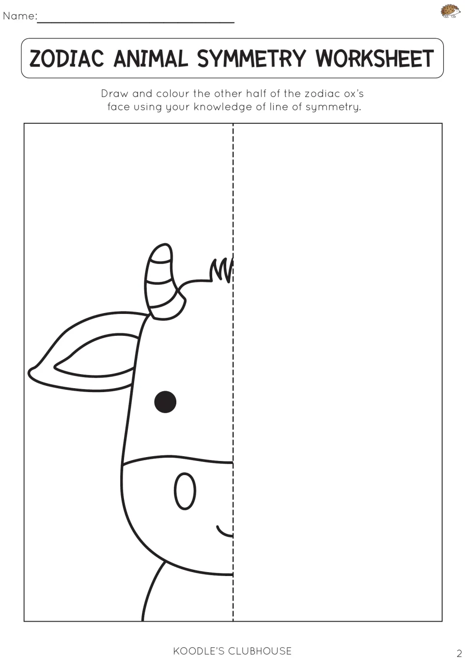 Zodiac animal symmetry worksheet 2: draw and color the missing half of an ox's face using symmetry.