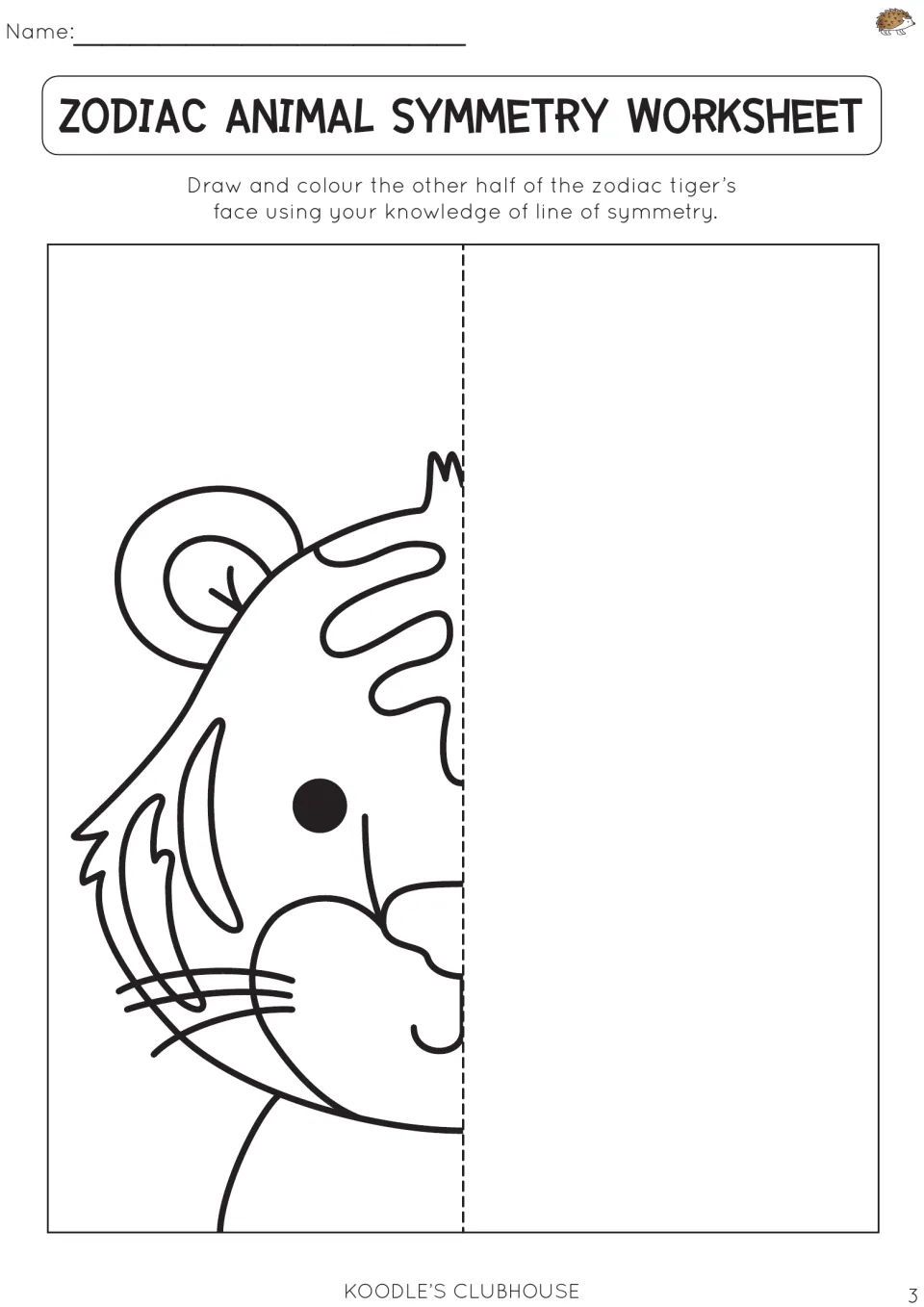 Zodiac animal symmetry worksheet 3: draw and color the missing half of a tiger's face using symmetry.
