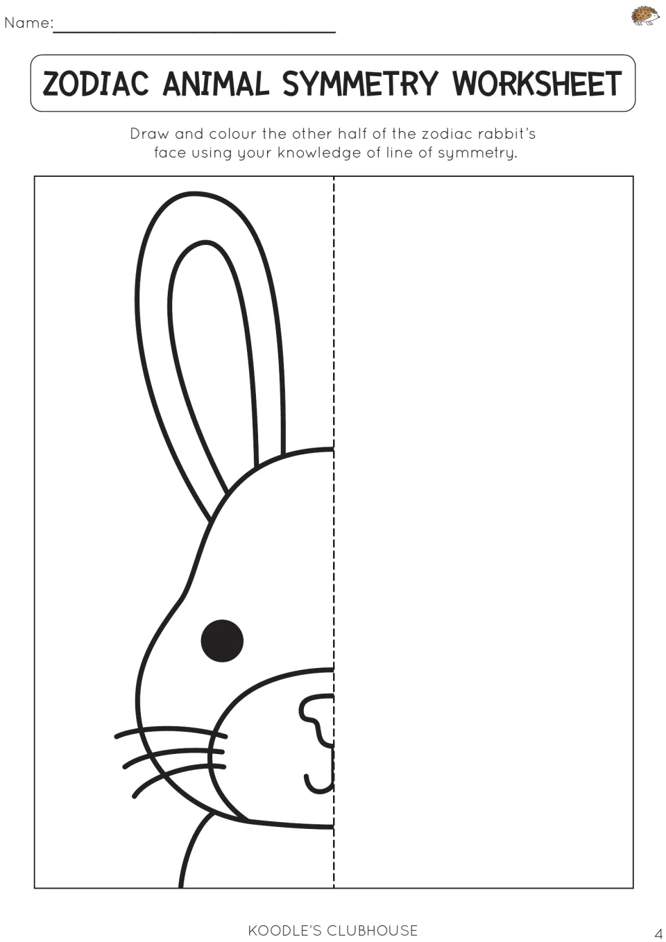 Zodiac animal symmetry worksheet 4: draw and color the missing half of a rabbit's face using symmetry.