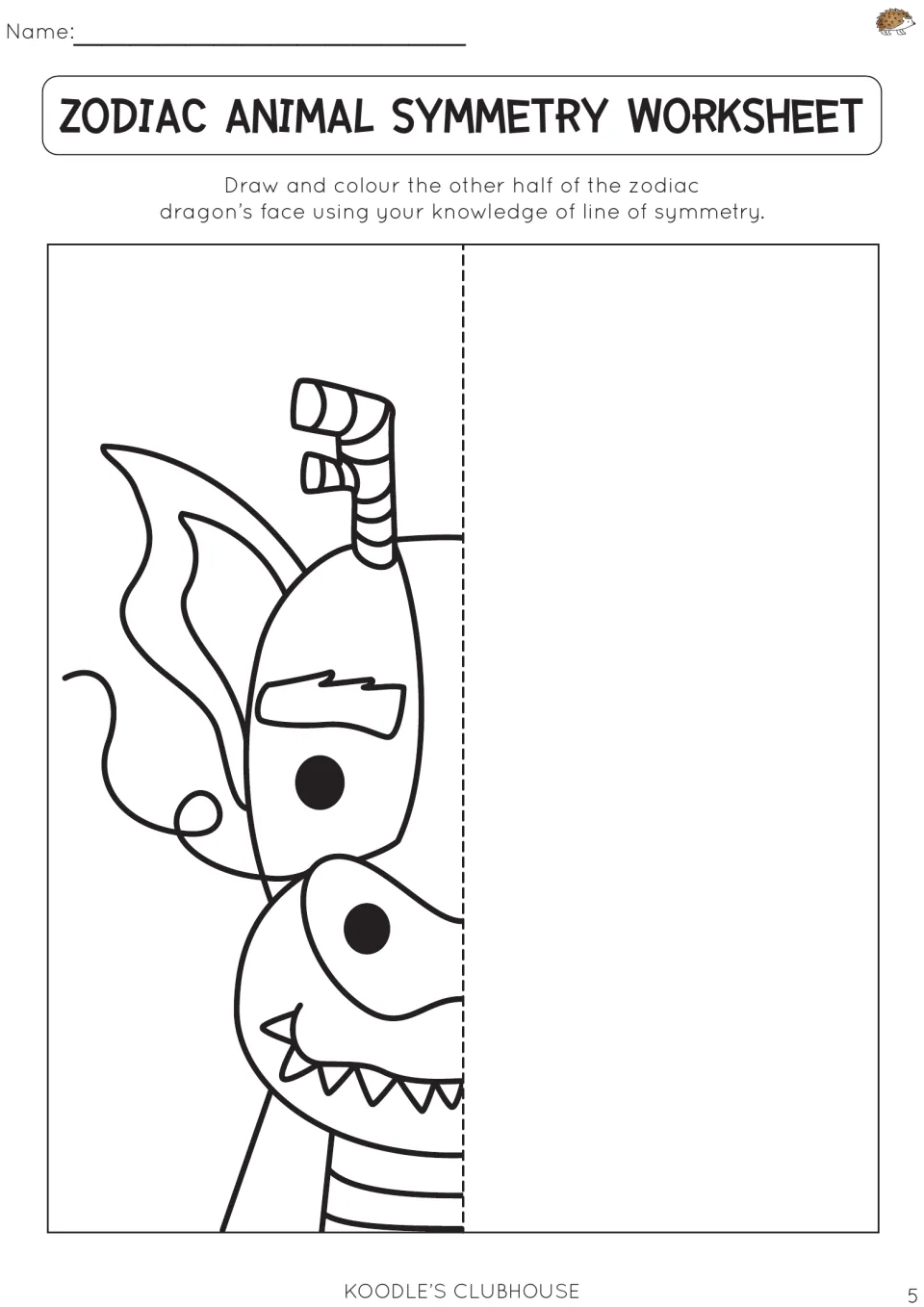 Zodiac animal symmetry worksheet 5: draw and color the missing half of a dragon's face using symmetry.