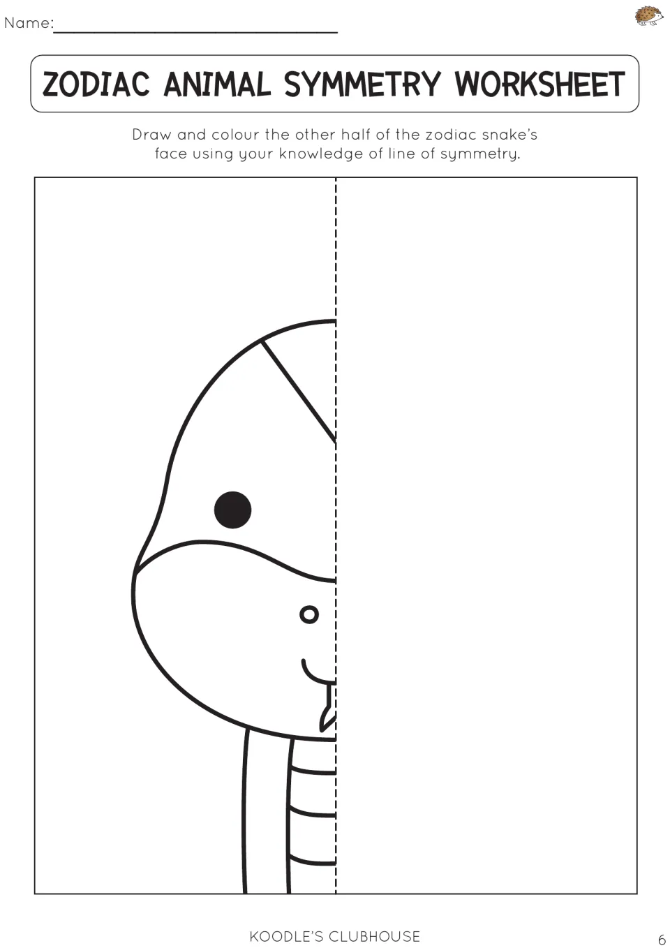 Zodiac animal symmetry worksheet 6: draw and color the missing half of a snake's face using symmetry.